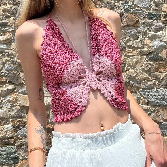 Pink Crochet Butterfly Crop Top - Picture 2 of 3